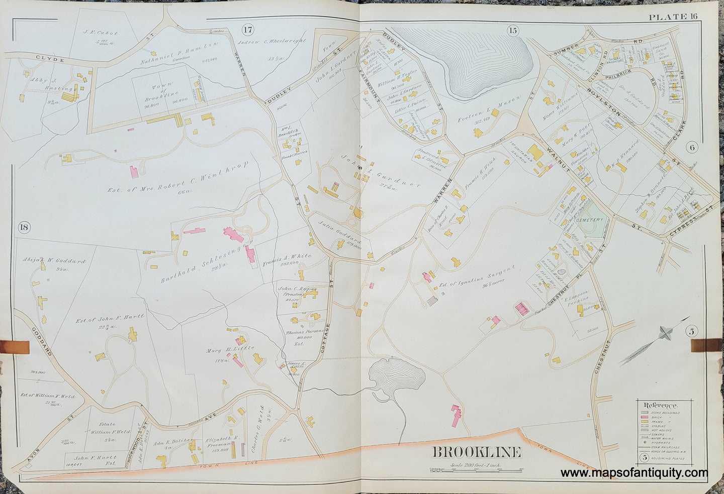 Genuine-Antique-Map-Plate-16-Brookline-Mass--1893-Richards-Maps-Of-Antiquity