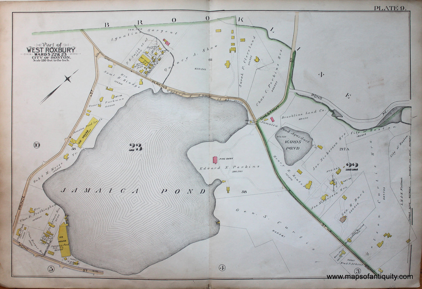 Genuine-Antique-Map-Plate-9-Part-of-West-Roxbury-City-of-Boston-1890-Bromley-Maps-Of-Antiquity