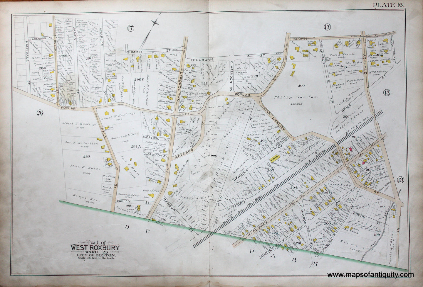 Genuine-Antique-Map-Plate-16-Part-of-West-Roxbury-City-of-Boston-1890-Bromley-Maps-Of-Antiquity