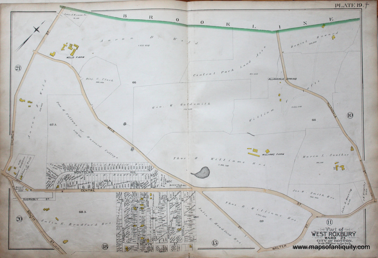 Genuine-Antique-Map-Plate-19-Part-of-West-Roxbury-City-of-Boston-1890-Bromley-Maps-Of-Antiquity