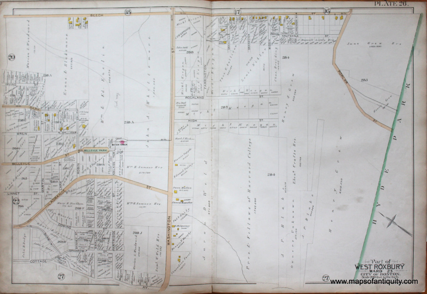 Genuine-Antique-Map-Plate-26-Part-of-West-Roxbury-City-of-Boston-1890-Bromley-Maps-Of-Antiquity