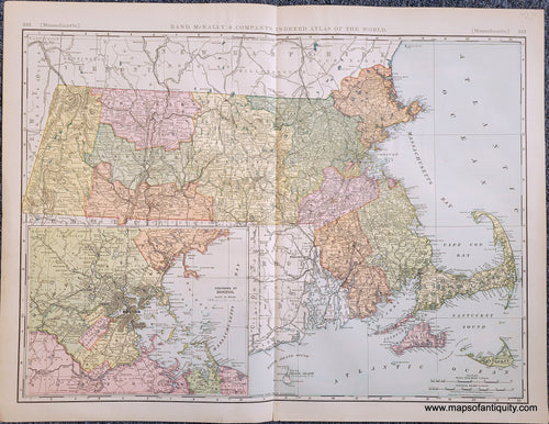 Genuine-Antique-Map-Massachusetts-Massachusetts--1898-Rand-McNally-Maps-Of-Antiquity-1800s-19th-century