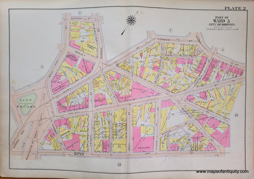 Genuine-Antique-Map-Plate-2-Charlestown---Part-of-Ward-5-City-of-Boston-Boston-Ward-Maps--1912-Bromley-Maps-Of-Antiquity-1800s-19th-century