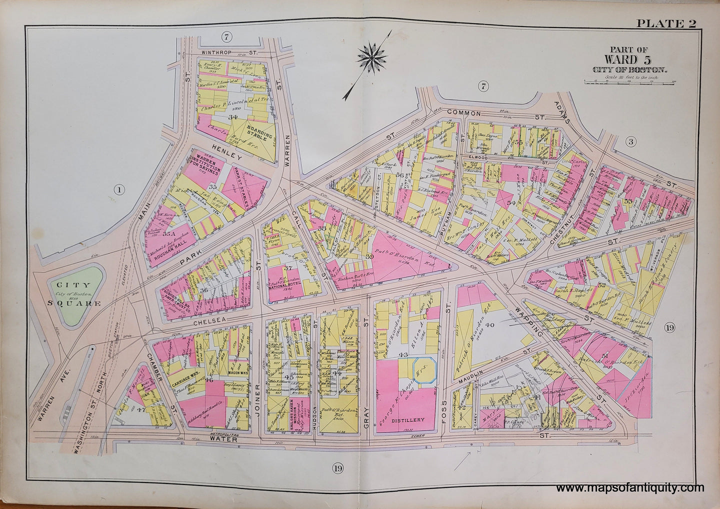 Genuine-Antique-Map-Plate-2-Charlestown---Part-of-Ward-5-City-of-Boston-Boston-Ward-Maps--1912-Bromley-Maps-Of-Antiquity-1800s-19th-century