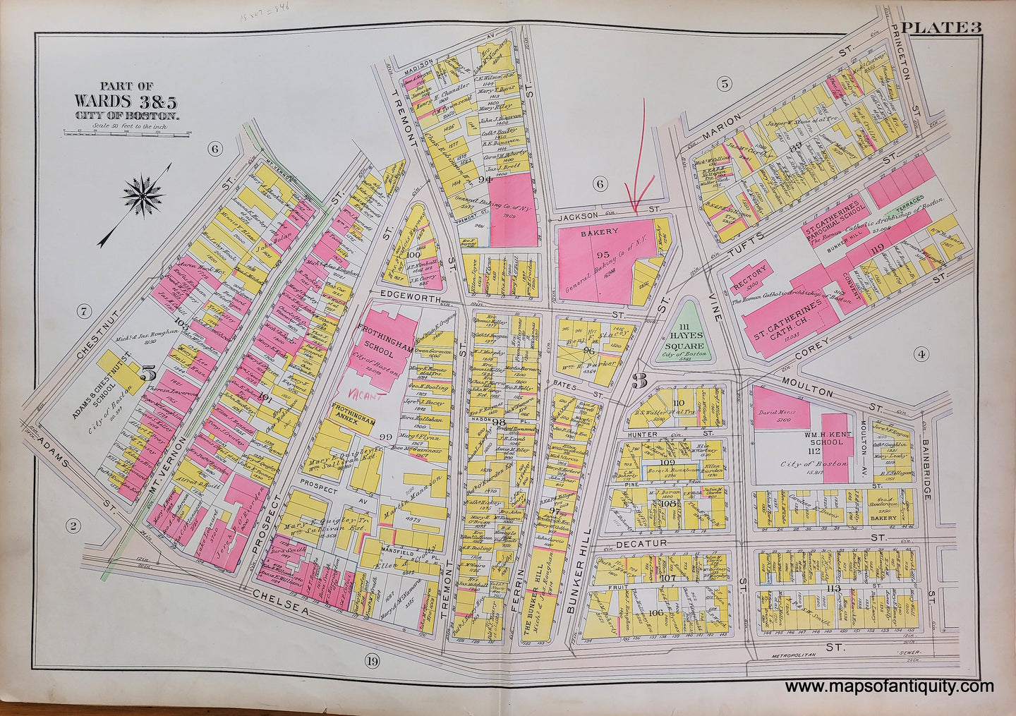 Genuine-Antique-Map-Plate-3-Charlestown---Part-of-Wards-3-5-City-of-Boston-Boston-Ward-Maps--1912-Bromley-Maps-Of-Antiquity-1800s-19th-century