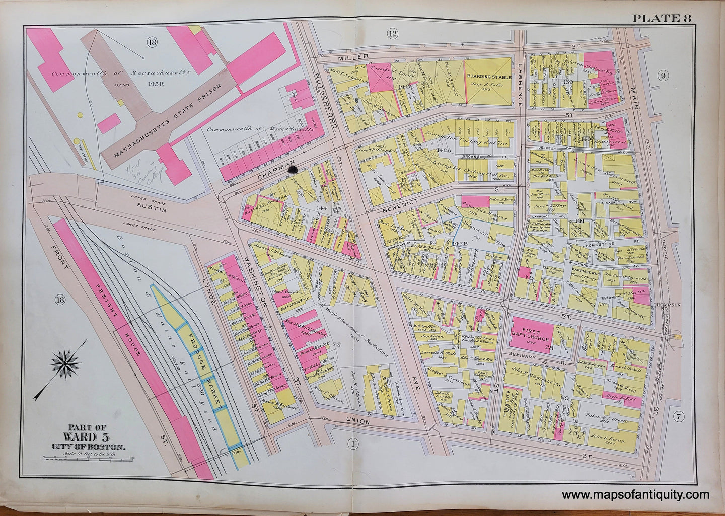 Genuine-Antique-Map-Plate-8-Charlestown---Part-of-Ward-5-City-of-Boston-Boston-Ward-Maps--1912-Bromley-Maps-Of-Antiquity-1800s-19th-century