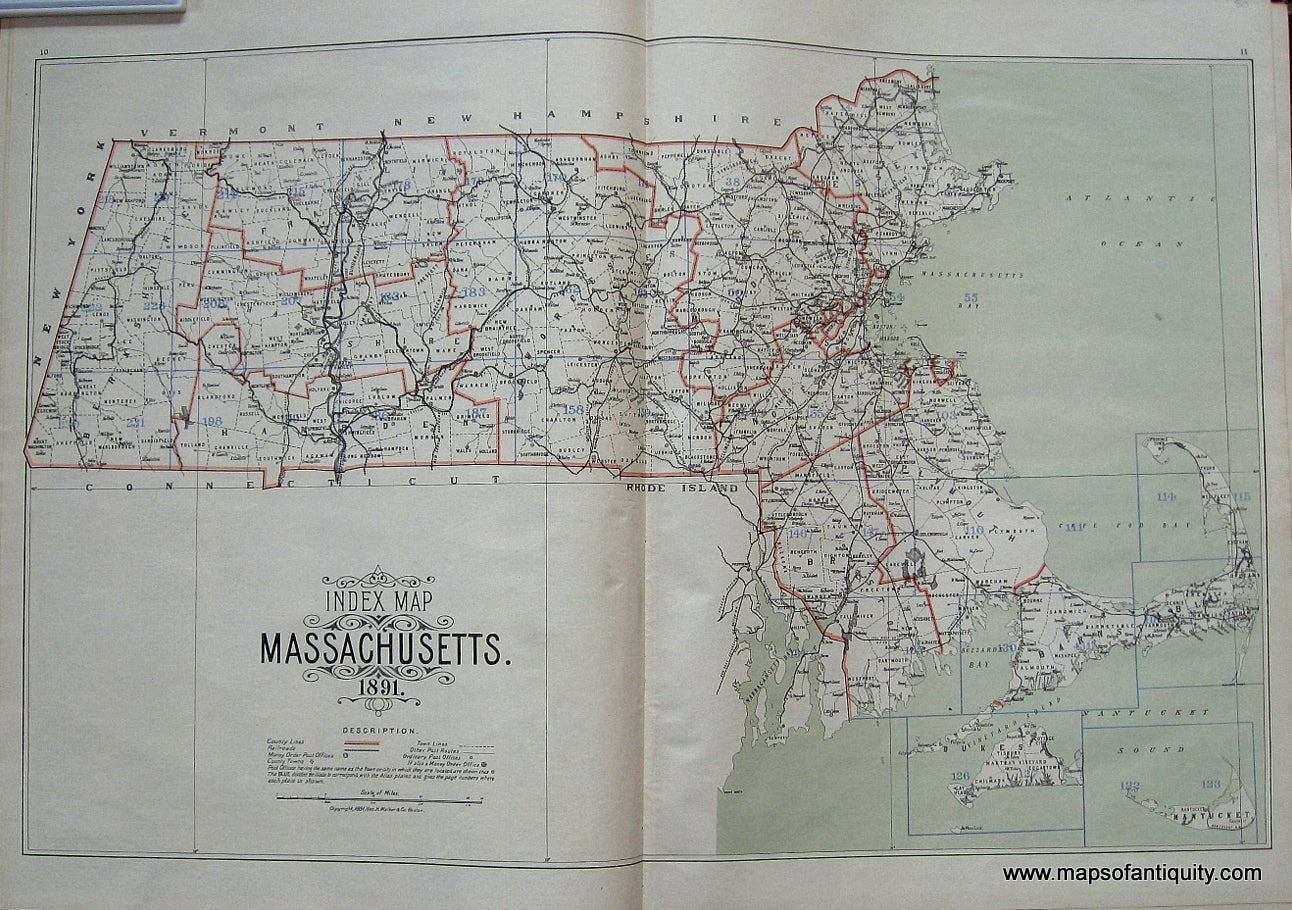 Antique-Printed-Color-Map-Index-Map-Massachusetts-Massachusetts-Massachusetts-General-1891-G.-H.-Walker-Maps-Of-Antiquity
