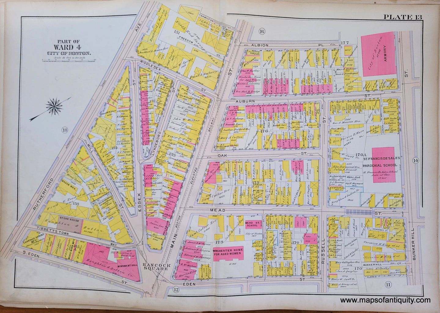 Genuine-Antique-Map-Plate-13-Charlestown---Part-of-Ward-4-City-of-Boston-Boston-Ward-Maps--1912-Bromley-Maps-Of-Antiquity-1800s-19th-century