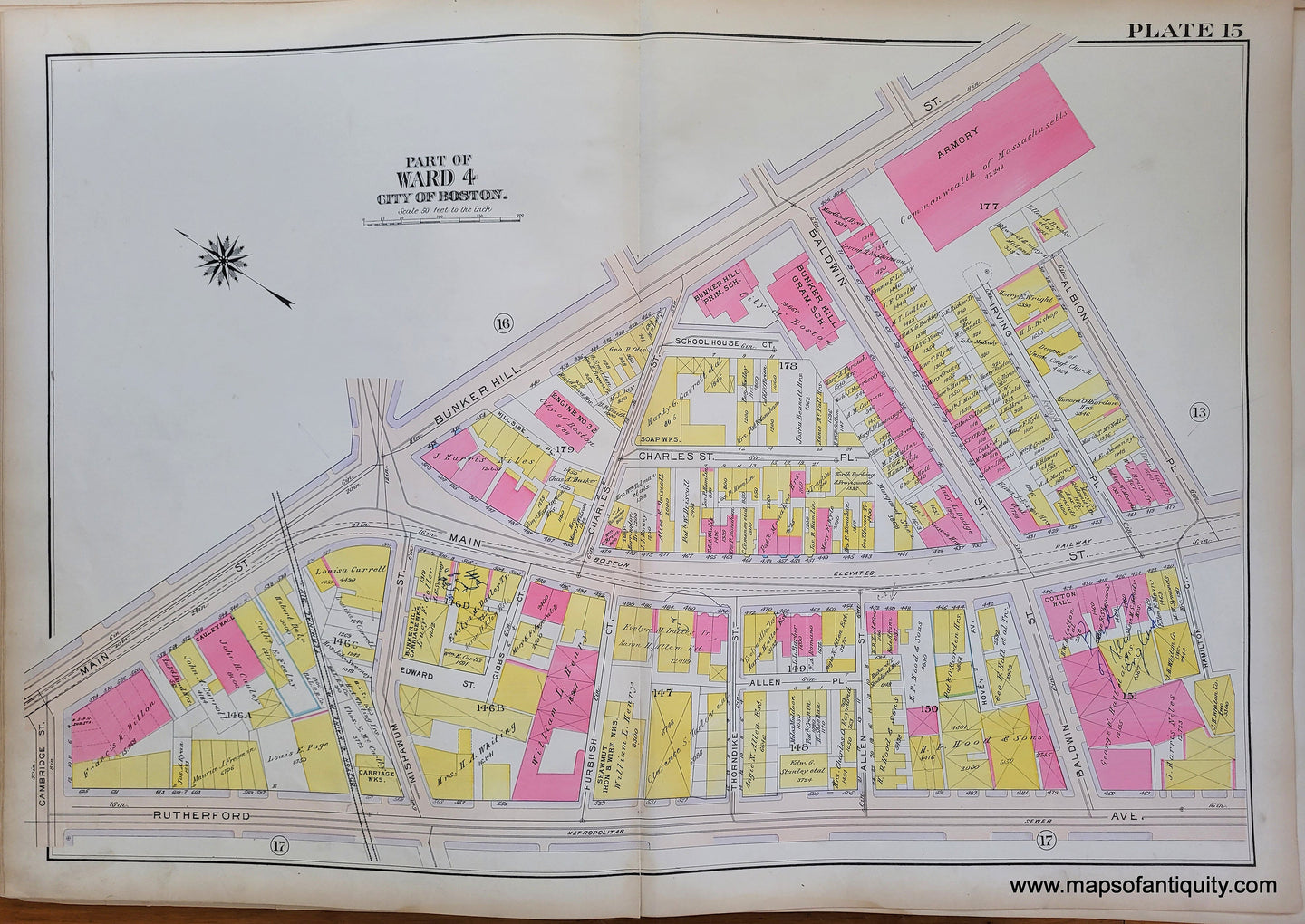 Genuine-Antique-Map-Plate-15-Charlestown---Part-of-Ward-4-City-of-Boston-Boston-Ward-Maps--1912-Bromley-Maps-Of-Antiquity-1800s-19th-century