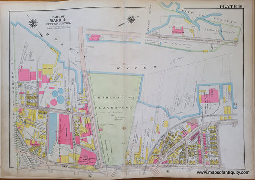 Genuine-Antique-Map-Plate-16-Charlestown---Part-of-Ward-4-City-of-Boston-Boston-Ward-Maps--1912-Bromley-Maps-Of-Antiquity-1800s-19th-century