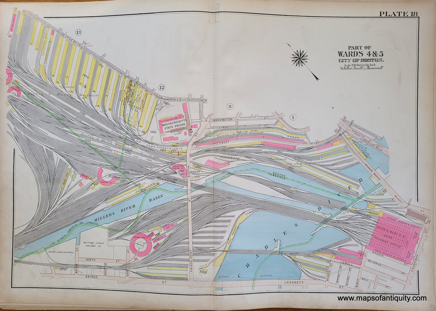 Genuine-Antique-Map-Plate-18-Charlestown---Part-of-Wards-4-5-City-of-Boston-Boston-Ward-Maps--1912-Bromley-Maps-Of-Antiquity-1800s-19th-century