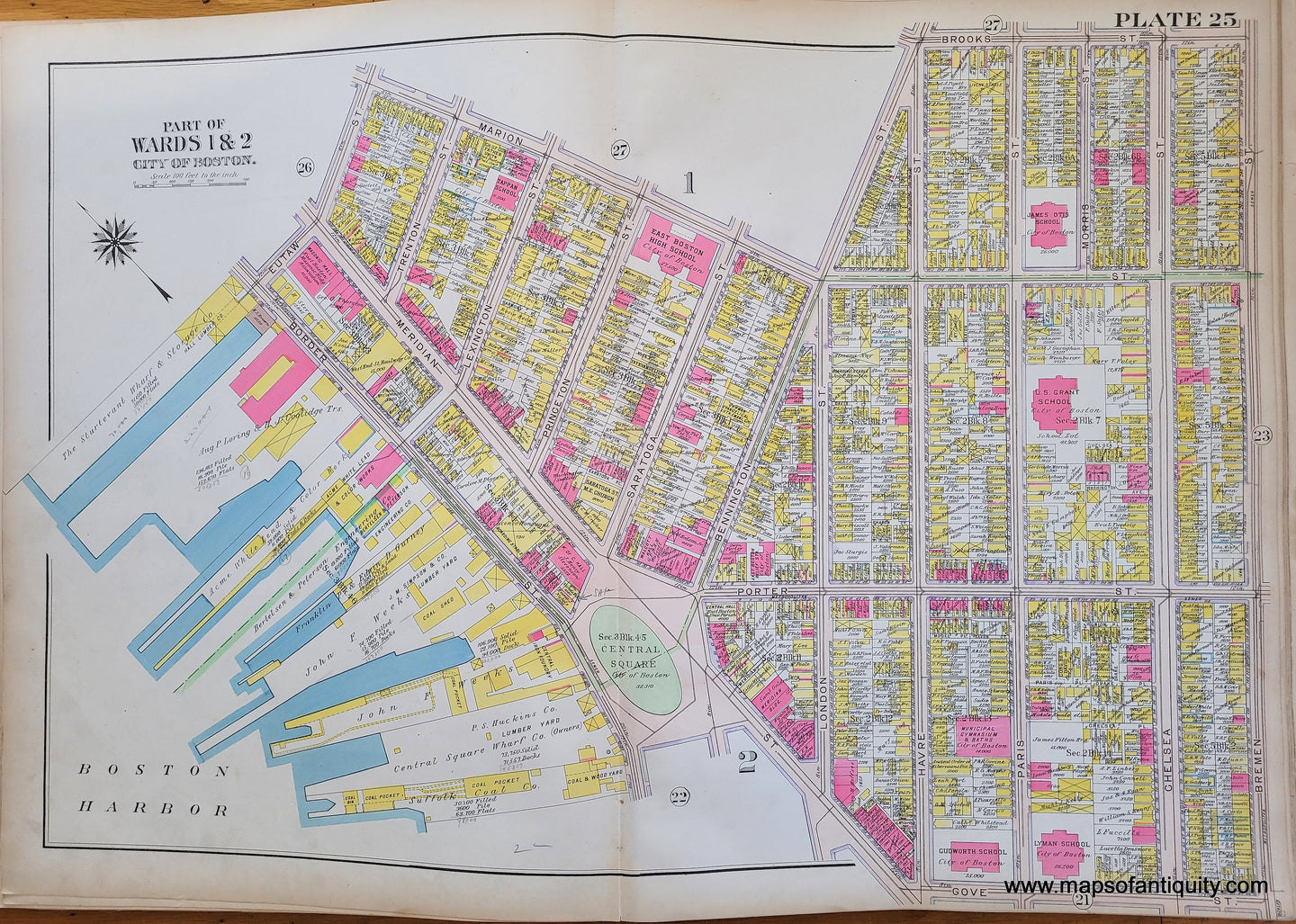 Genuine-Antique-Map-Plate-25-East-Boston---Part-of-Wards-1-2-City-of-Boston-Boston-Ward-Maps--1912-Bromley-Maps-Of-Antiquity-1800s-19th-century