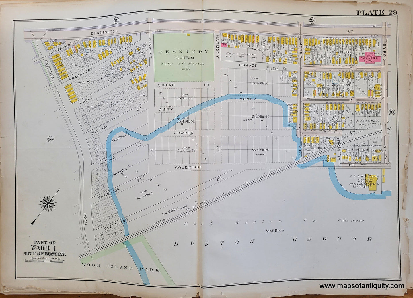 Genuine-Antique-Map-Plate-29-East-Boston---Part-of-Ward-1-City-of-Boston-Boston-Ward-Maps--1912-Bromley-Maps-Of-Antiquity-1800s-19th-century