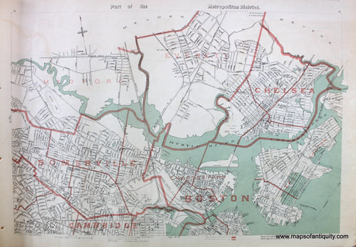 Antique-Printed-Color-Map-Part-of-the-Metropolitan-District---Boston--Massachusetts-Boston-1891-G.-H.-Walker-Maps-Of-Antiquity