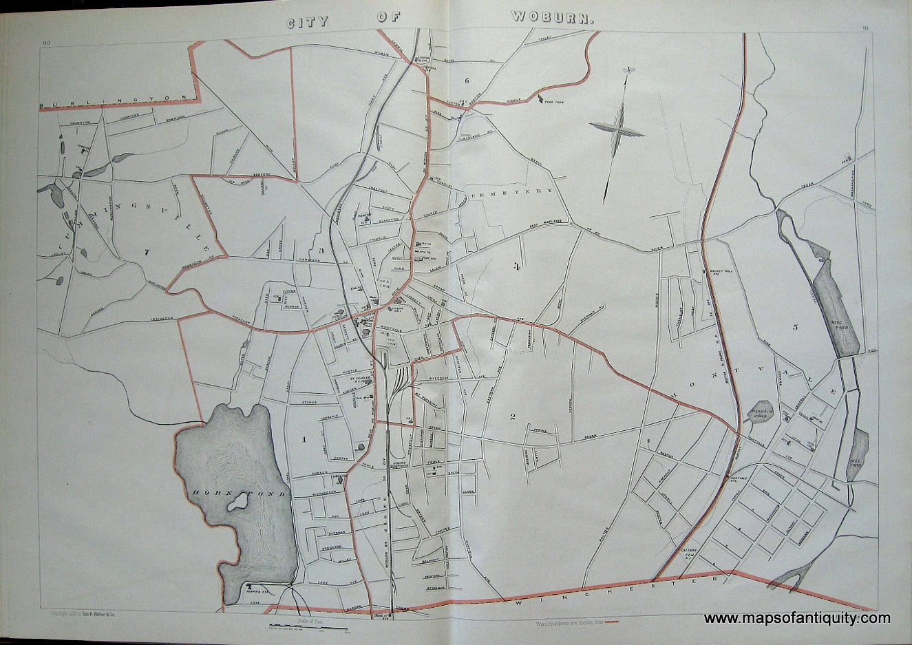 Antique-Printed-Color-Map-City-of-Woburn-(MA)-Massachusetts-Woburn-1891-G.-H.-Walker-Maps-Of-Antiquity