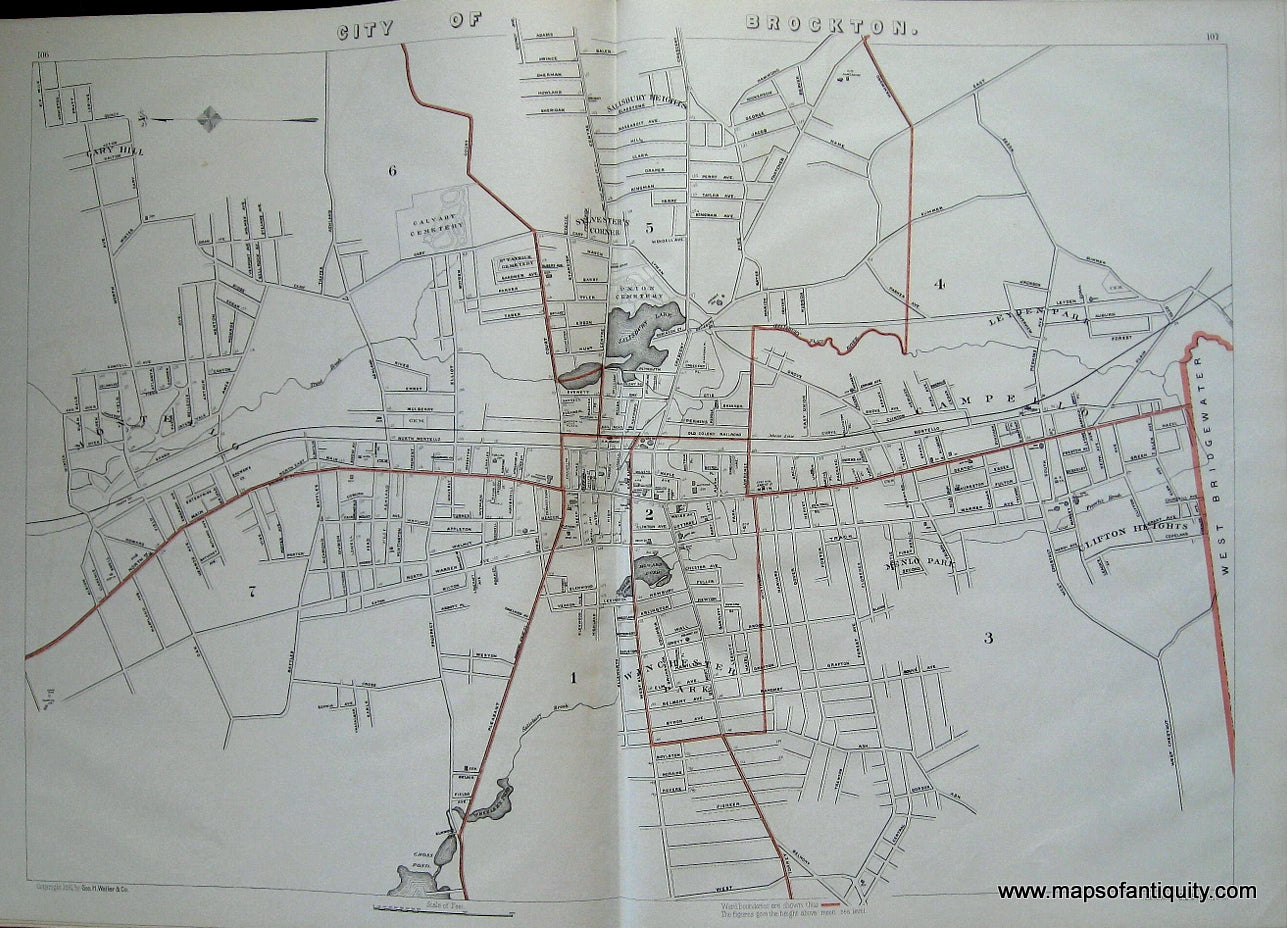 Antique-Printed-Color-Map-City-of-Brockton-(MA)-Massachusetts-Brockton-1891-G.-H.-Walker-Maps-Of-Antiquity