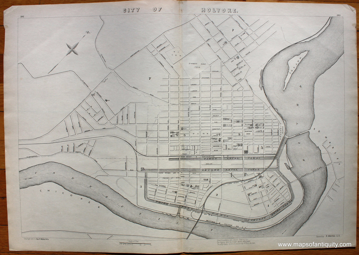 Antique-Printed-Color-Map-City-of-Holyoke-(MA)-US-Massachusetts-Holyoke-1891-G.-H.-Walker-Maps-Of-Antiquity