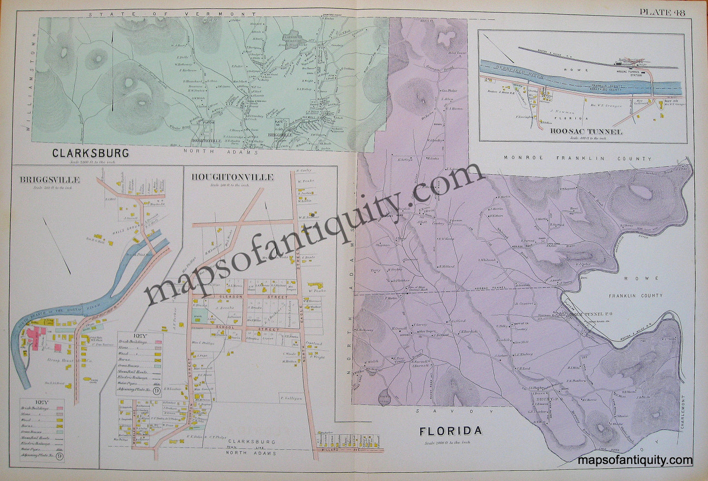 Antique-Hand-Colored-Map-Clarksburg-and-Florida-Mass.-Including-Hossac-Tunnel-United-States-Massachusetts-1904-Barnes-&-Farnham-Maps-Of-Antiquity