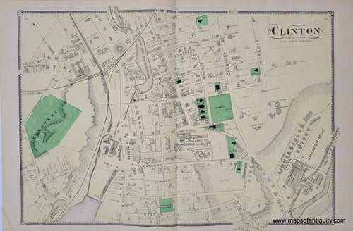 Antique-Hand-Colored-Map-Clinton-Center-Worcester-County-Massachusetts.-pp.-49-50-**********-US-Massachusetts-Clinton-1870-Beers-Maps-Of-Antiquity