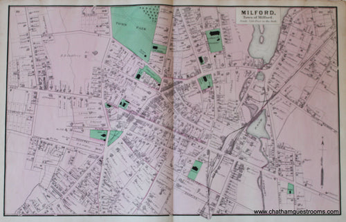 Antique-Hand-Colored-Map-Milford-Center-Worcester-Co.-Mass.--US-Massachusetts-Milford-1870-Beers-Maps-Of-Antiquity