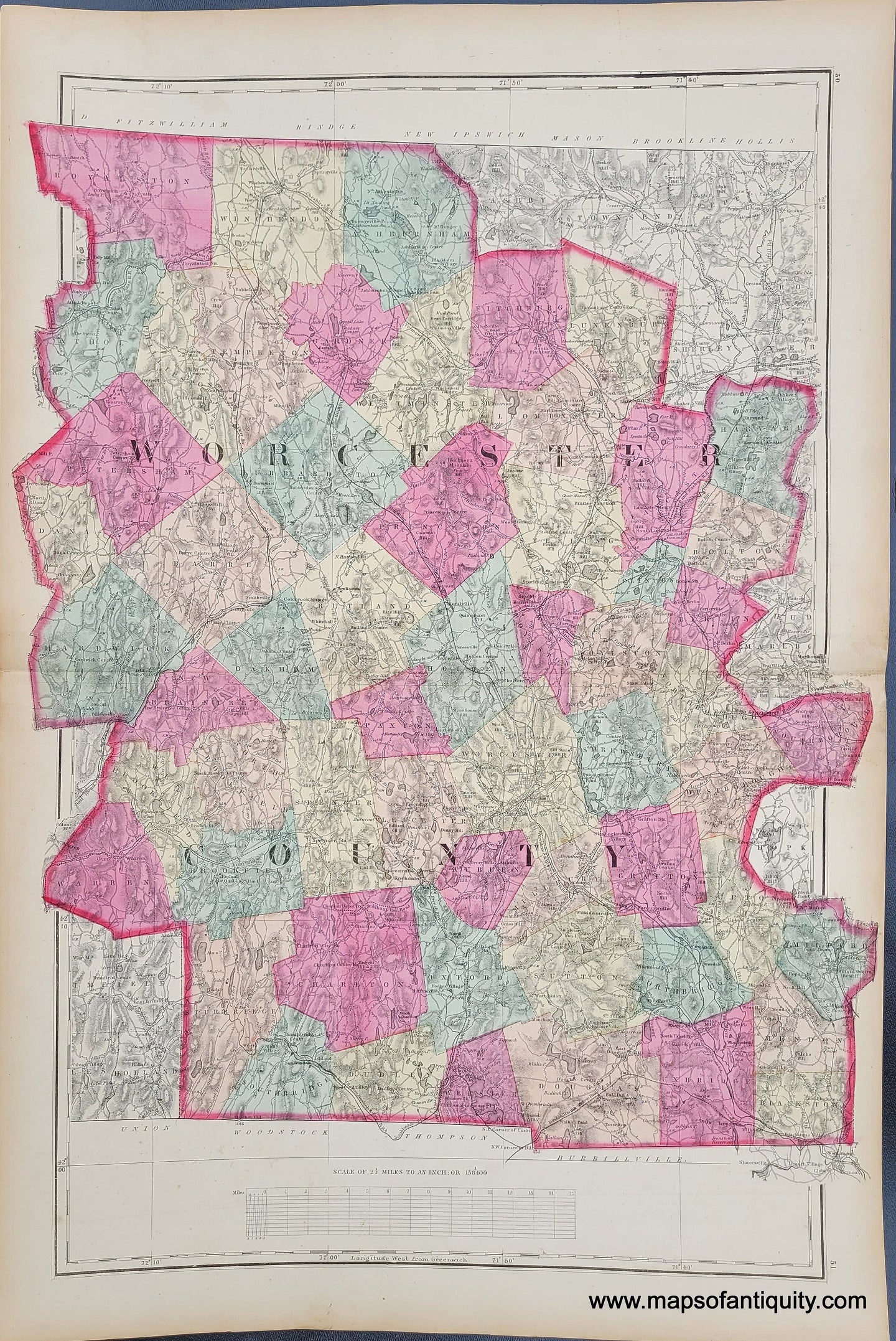 Antique-Hand-Colored-Map-Worcester-County-Massachusetts-US-Massachusetts-Worcester-1871-Walling-&-Gray-Maps-Of-Antiquity