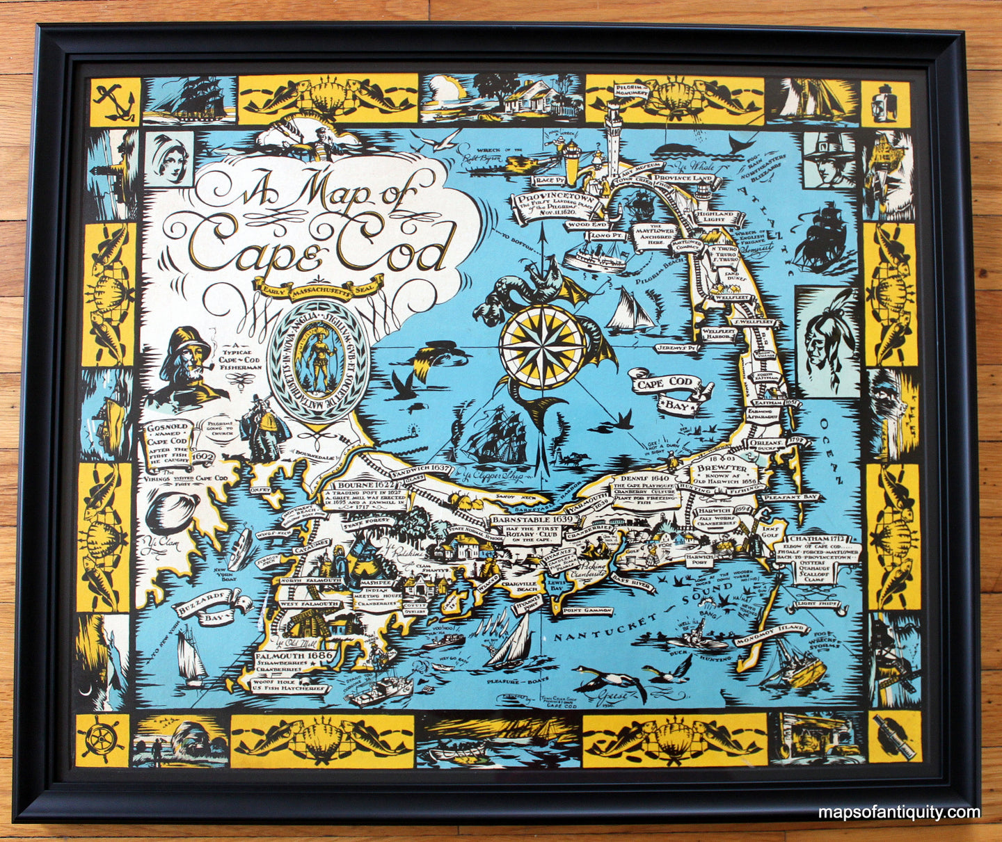 Antique-Map-Framed-on-Board-A-Map-of-Cape-Cod-**********-US-Massachusetts-Cape-Cod-and-Islands-1930-Town-Crier-Shop-of-Provincetown-Maps-Of-Antiquity