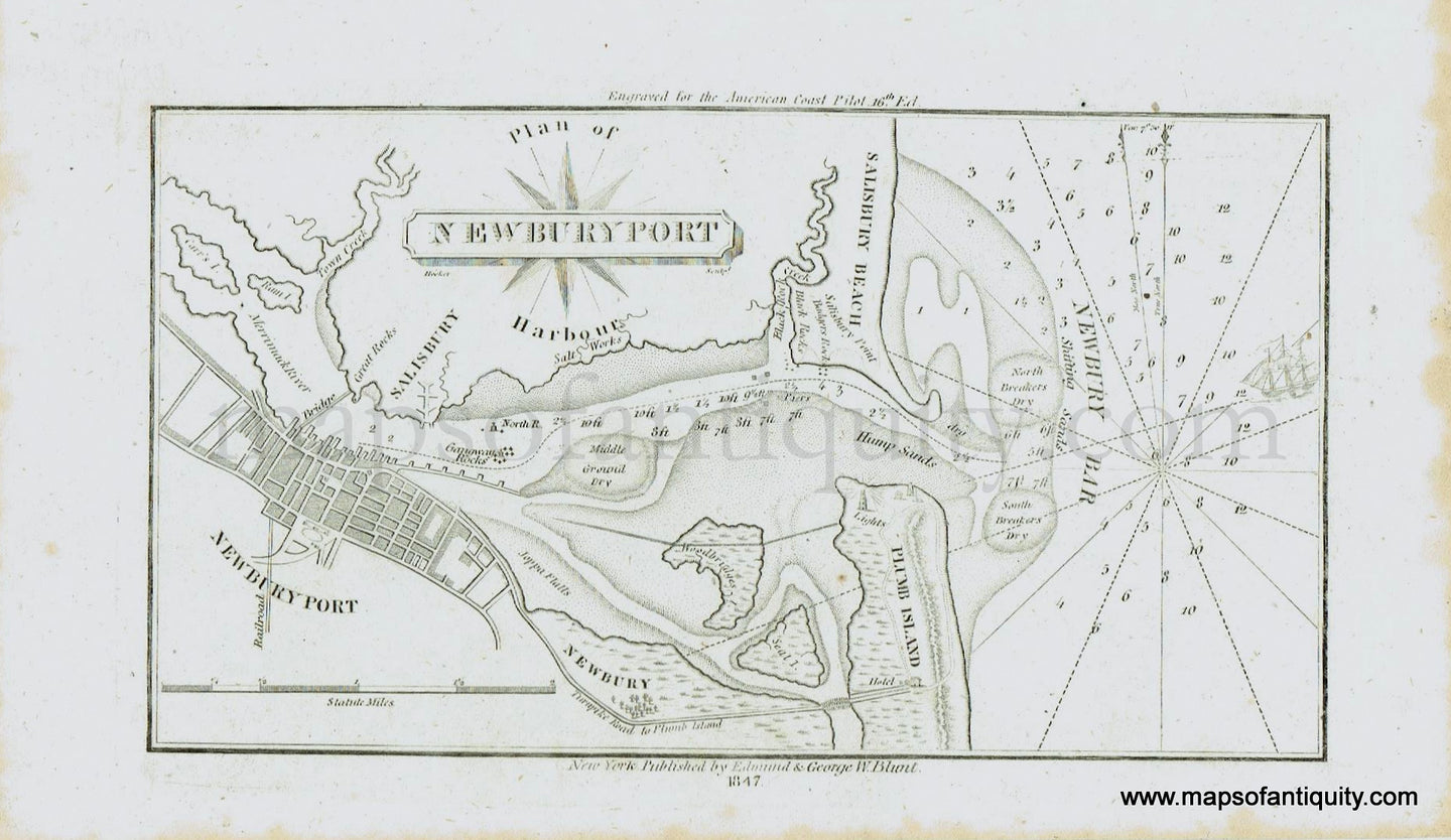 Antique-Map-Plan-of-Newburyport-Harbour-Harbor-Massachusetts-Mass-MA-Edmund-Blunt-Nautical-Chart-1847-1840s-1800s-19th-Century-Maps-of-Antiquity-Massachusetts-Maps-of-Antiquity