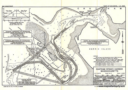 Black-and-White-Antique-Harbor-Chart-Chatham-(Stage)-Harbor-Massachusetts**********-US-Massachusetts-Cape-Cod-and-Islands-1941-U.S-Army-Corps-of-Engineers-Maps-Of-Antiquity