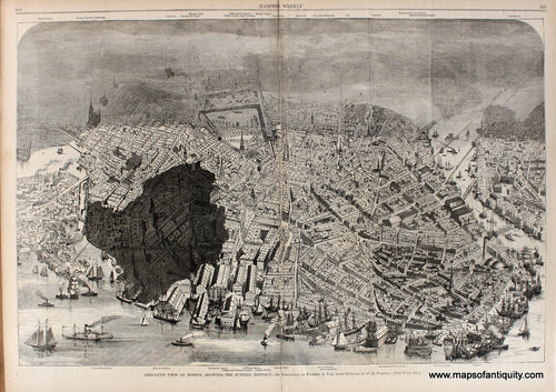 Black-and-White-Antique-Illustration-Bird's-Eye-View-of-Boston-Showing-the-Burned-District---by-Permission-of-Currier-&-Ives-from-Sketches-by-C.R.-Parsons.**********-US-Massachusetts-Boston-1872-Harper's-Weekly-Maps-Of-Antiquity