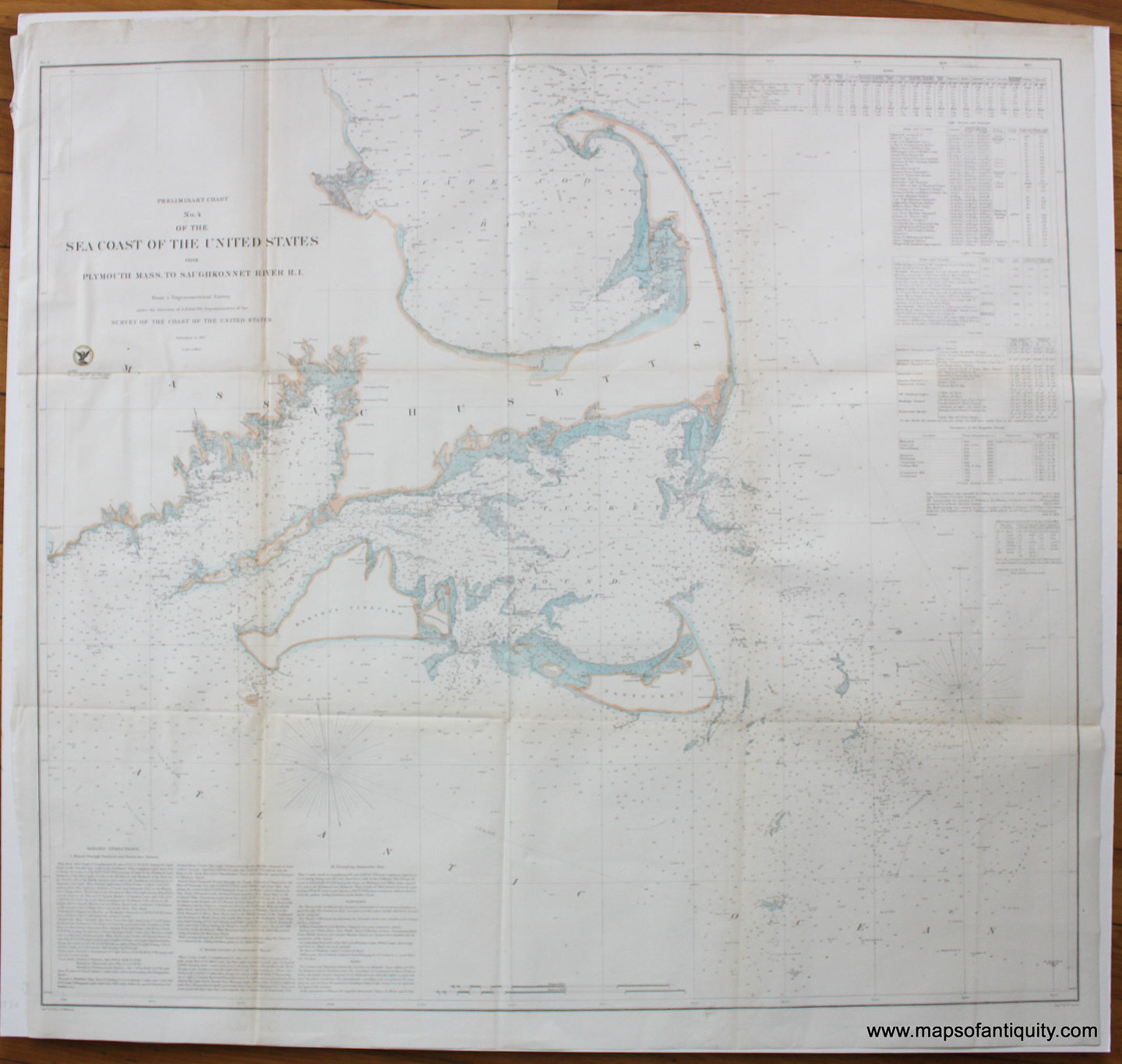 Hand-Colored-Antique--Nautical-Chart-Preliminary-Chart-No.-4-of-the-Seacoast-of-the-United-States-from-Plymouth-Mass.-to-Saughkonnet-River-R.I.-**********--US-Massachusetts-1857-U.S.-Coast-Survey-Maps-Of-Antiquity