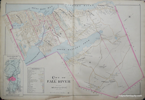 Antique-Hand-Colored-Map-City-of-Fall-River-Bristol-Co.-Outline-&-Index-(MA)-**********-US-Massachusetts-Fall-River-1895-Everts-&-Richards-Maps-Of-Antiquity