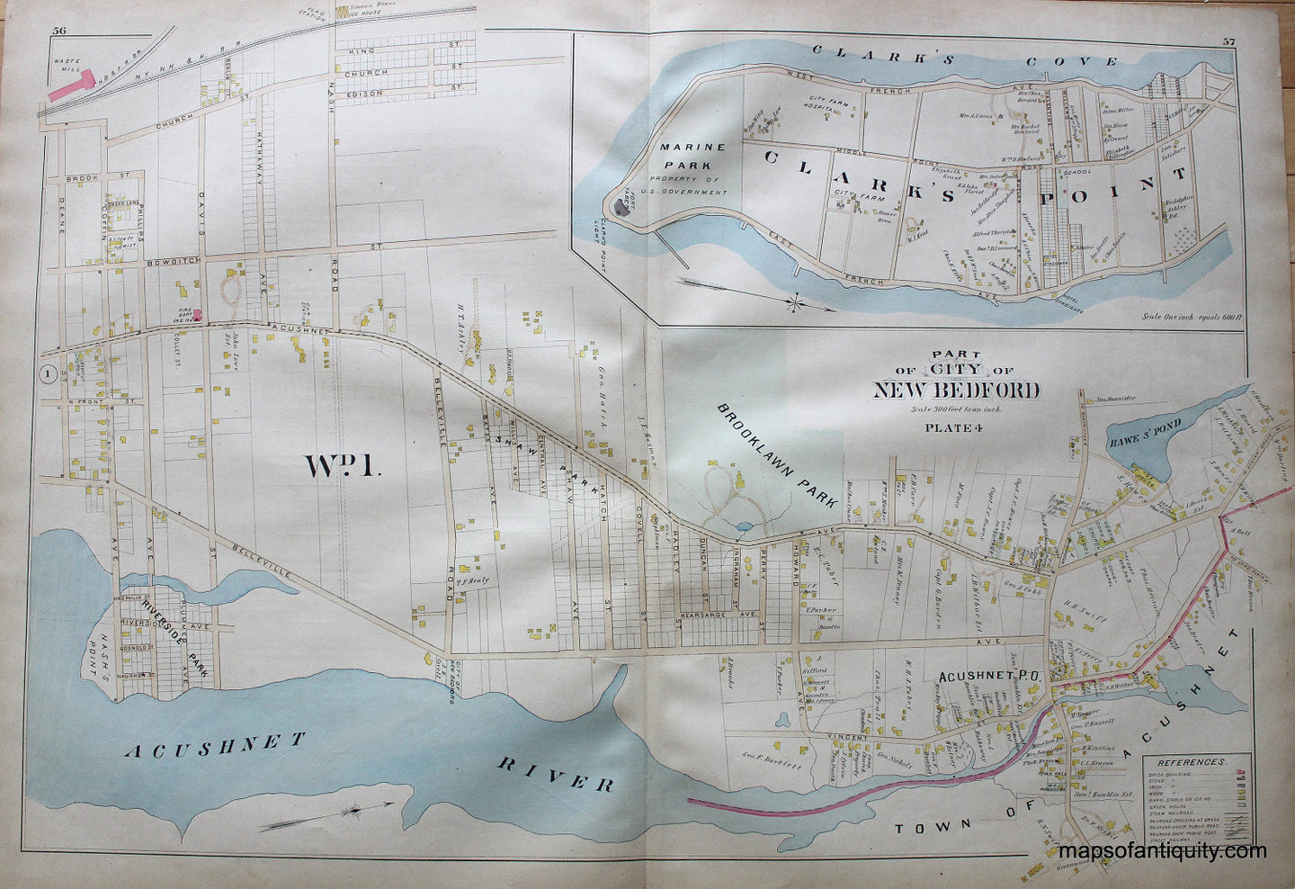 Antique-Hand-Colored-Map-City-of-New-Bedford-Part-of-(Plate-4)-(MA)-US-Massachusetts-New--Bedford-1895-Everts-&-Richards-Maps-Of-Antiquity