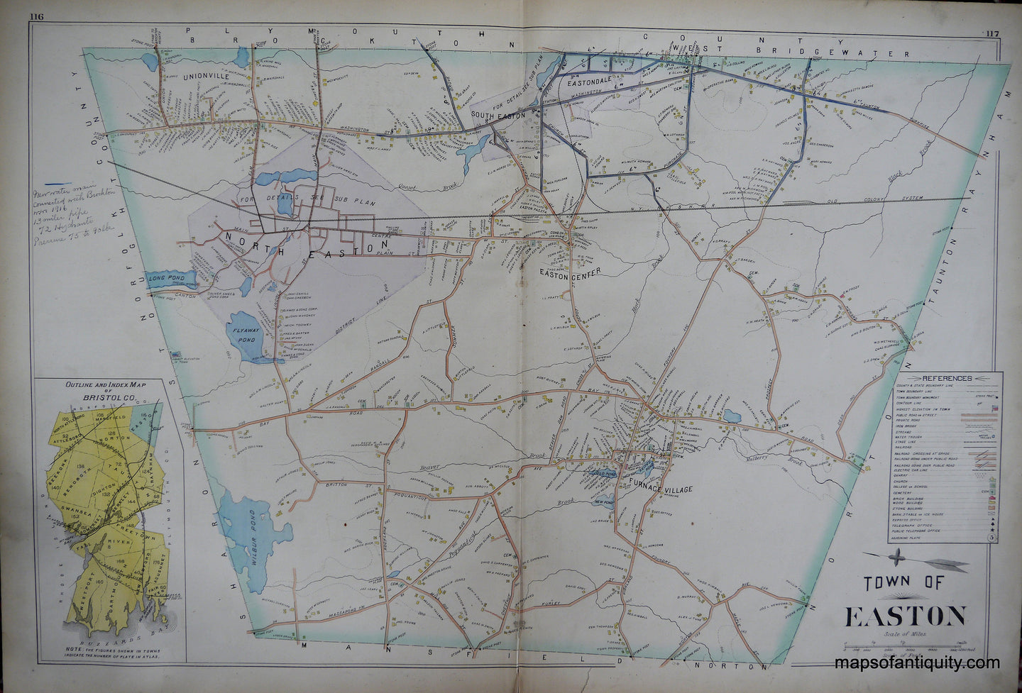 Antique-Hand-Colored-Map-Town-of-Easton--(MA)-US-Massachusetts-Easton-1895-Everts-&-Richards-Maps-Of-Antiquity