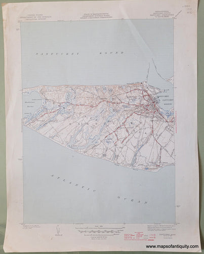 Vintage Antique map of part of Nantucket showing topography, 1945, printed color, Maps of antiquity