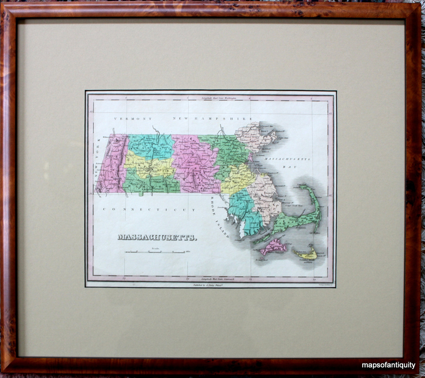 Antique-Hand-Colored-Map-Massachusetts.-1824-Finley-1800s-19th-century-Maps-of-Antiquity