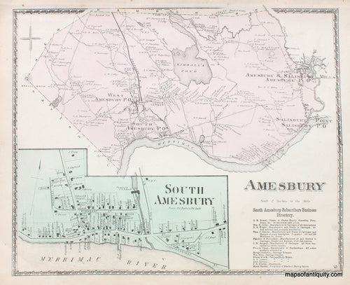 Antique-Hand-Colored-Map-Amesbury-South-Amesbury-Massachusetts-Essex-County--1872-Beers-Maps-Of-Antiquity