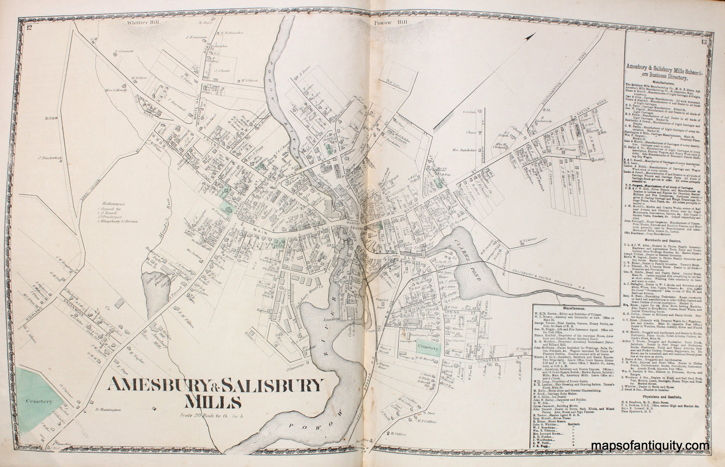 Antique-Hand-Colored-Map-Amesbury-&-Salisbury-Mills-Massachusetts--Essex-County--1872-Beers-Maps-Of-Antiquity