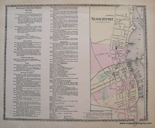 Antique-Hand-Colored-Map-Newburyport-(Center)-Essex-County--1872-Beers-Maps-Of-Antiquity