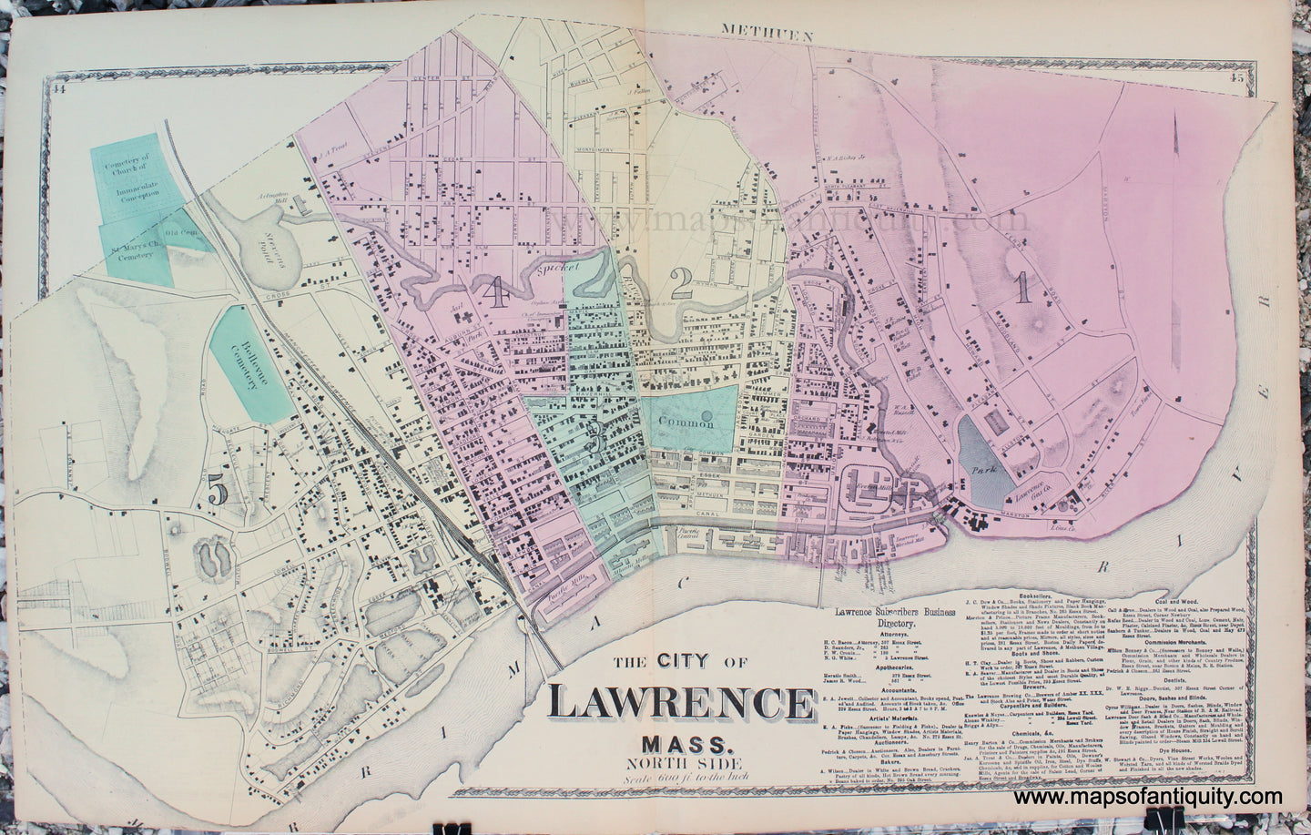 Antique-Hand-Colored-Map-The-City-of-Lawrence--Massachusetts-North-Side-****-Essex-County--1872-Beers-Maps-Of-Antiquity