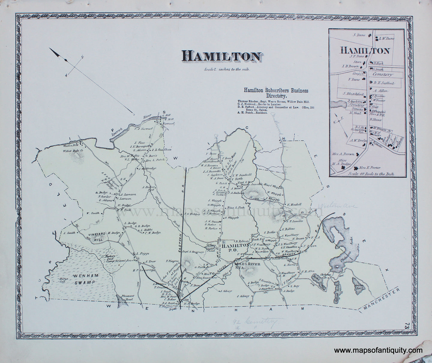 Antique-Hand-Colored-Map-Hamilton-Massachusetts-**********-Essex-County--1872-Beers-Maps-Of-Antiquity