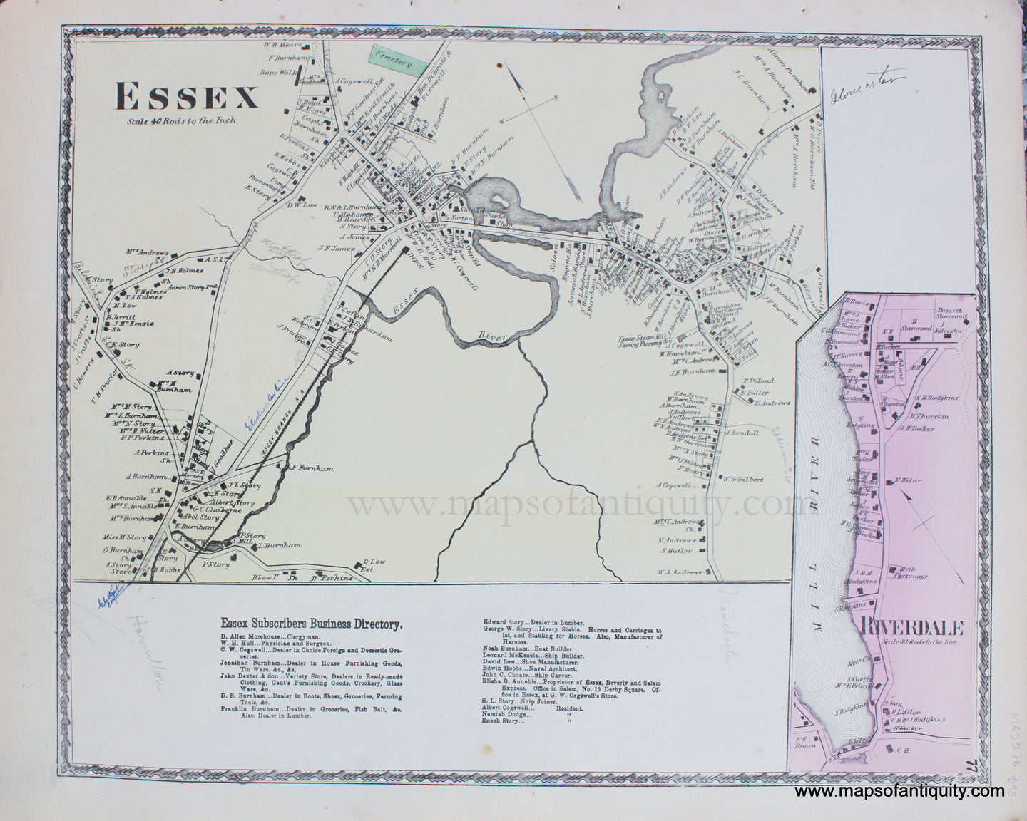 Antique-Hand-Colored-Map-Essex-(Center)-Riverdale-Massachusetts-**********-Essex-County--1872-Beers-Maps-Of-Antiquity