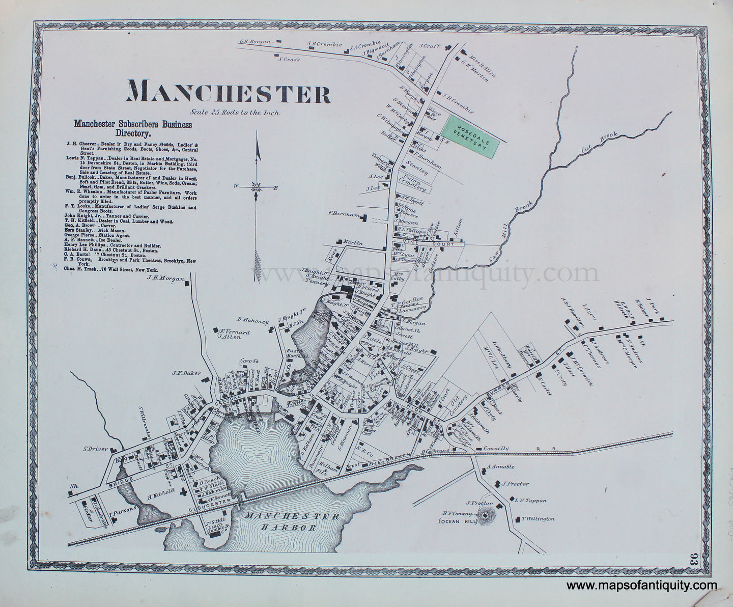 Antique-Hand-Colored-Map-Manchester-(Center)-Massachusetts-**********-Essex-County--1872-Beers-Maps-Of-Antiquity