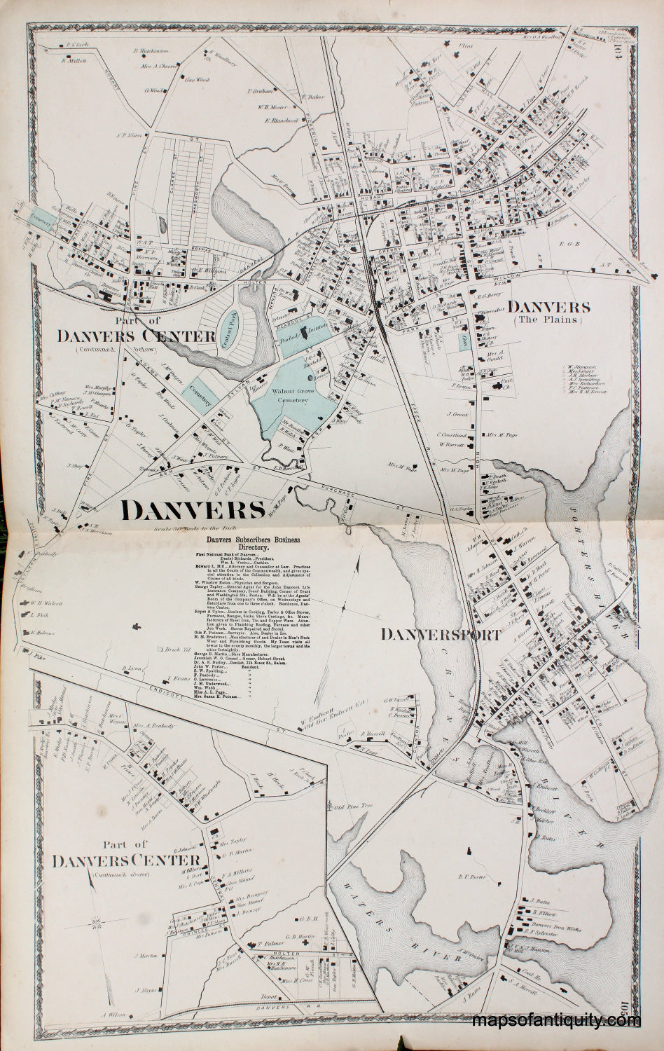 Antique-Hand-Colored-Map-Danvers-(Center)-Massachusetts-Essex-County--1872-Beers-Maps-Of-Antiquity