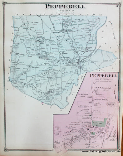 Antique-Hand-Colored-Map-Pepperell-(MA)-Middlesex--1875-Beers-Maps-Of-Antiquity