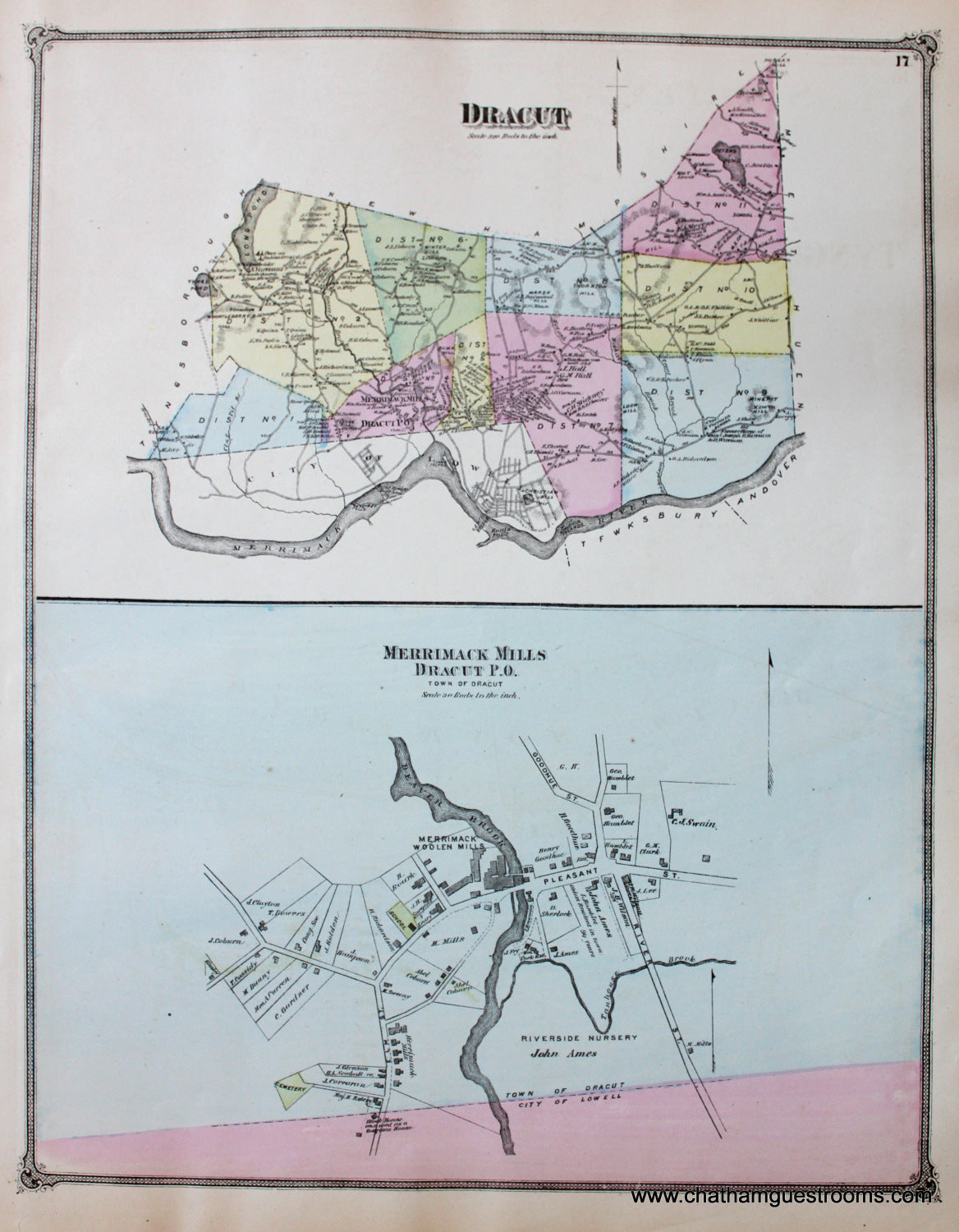 Antique-Hand-Colored-Map-Dracut-&-Merrimack-Mills-(MA)-Middlesex--1875-Beers-Maps-Of-Antiquity