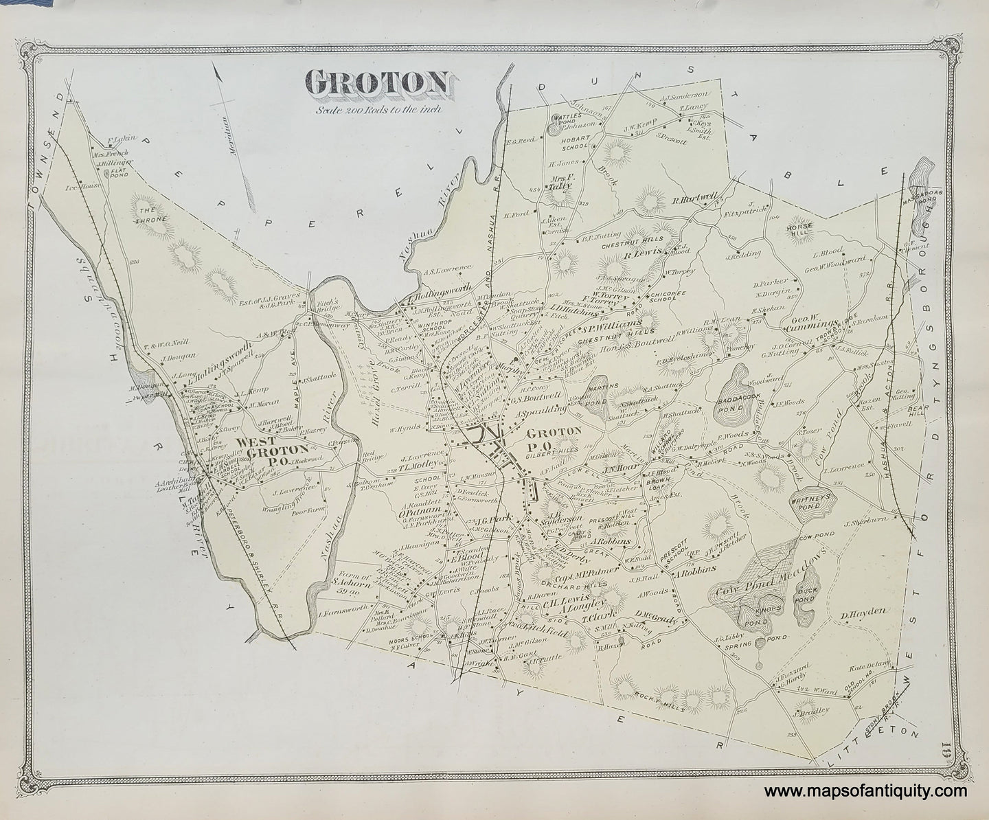 Antique-Hand-Colored-Map-Groton-(MA)-Middlesex--1875-Beers-Maps-Of-Antiquity