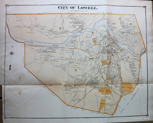 Antique-Hand-Colored-Map-Lowell-(MA)-Middlesex--1875-Beers-Maps-Of-Antiquity