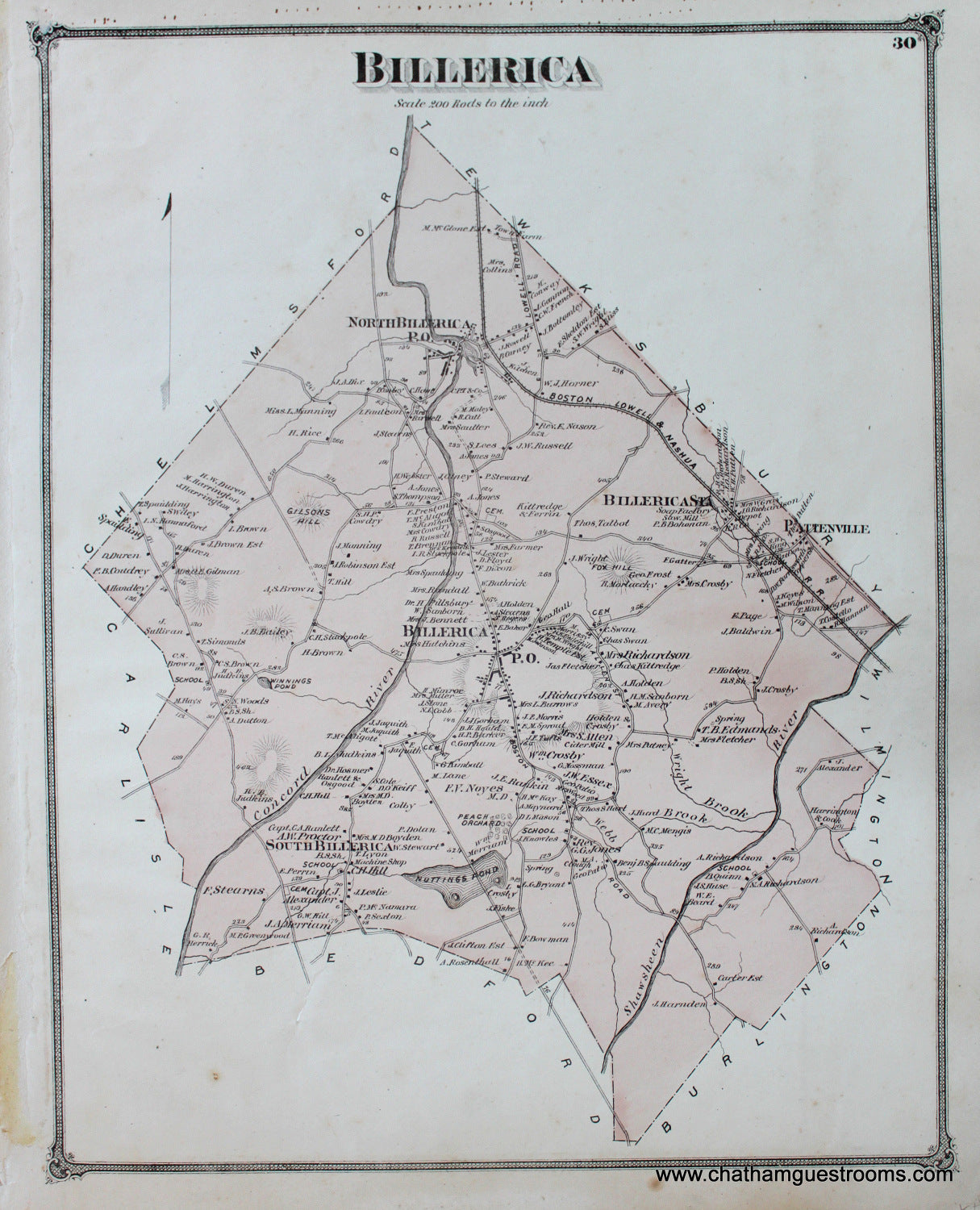 Antique-Hand-Colored-Map-Billerica-(MA)-**********-Middlesex--1875-Beers-Maps-Of-Antiquity