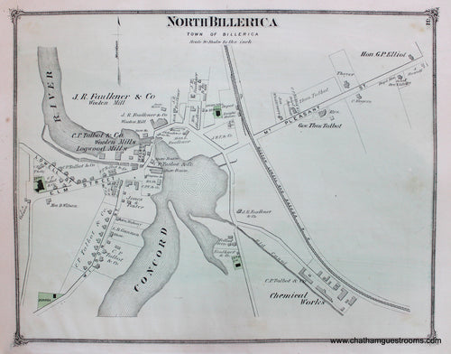 Antique-Hand-Colored-Map-North-Billerica-(MA)-Middlesex--1875-Beers-Maps-Of-Antiquity