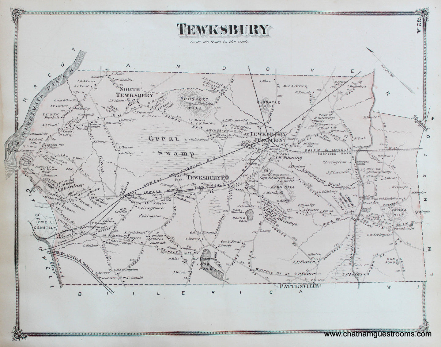 Antique-Hand-Colored-Map-Tewksbury-and-South-Billerica-on-verso-(MA)-Middlesex--1875-Beers-Maps-Of-Antiquity